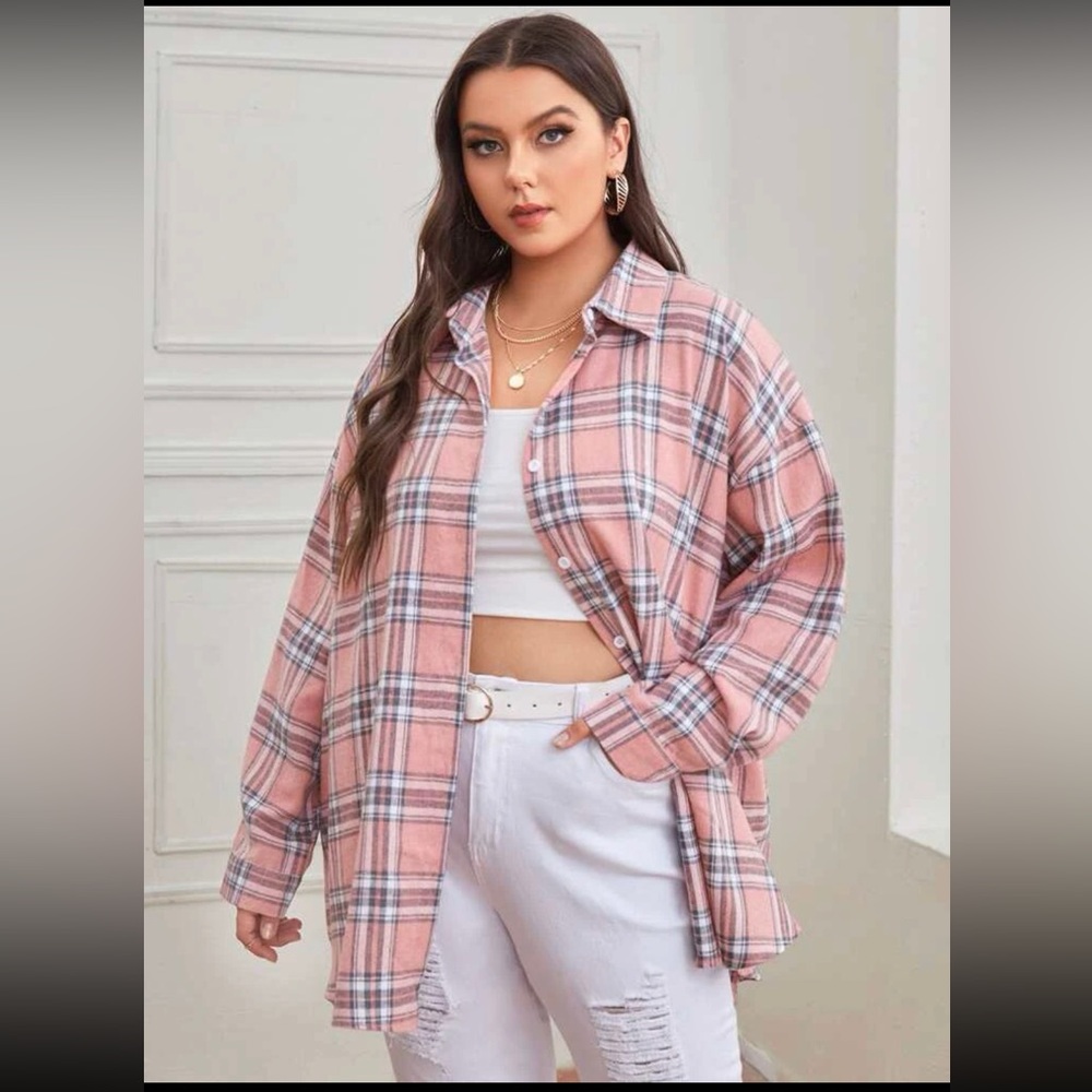 Plus Size Pink Tartan Plaid Button Up Tunic Shirt